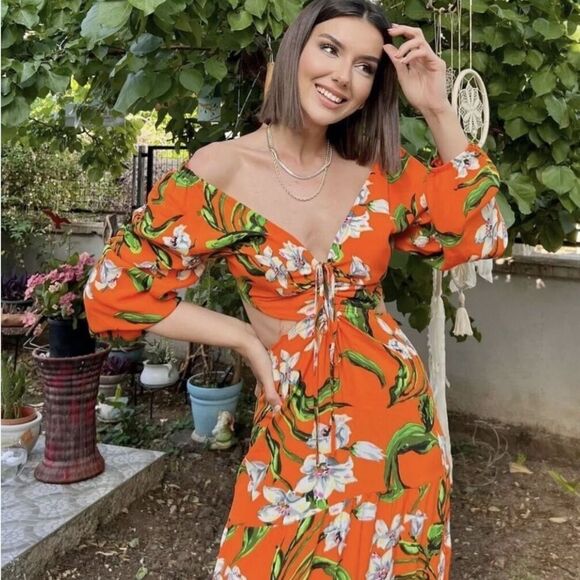 NWT Zara Orange Floral Tropical Maxi Dress Tiered Ruffle Cut Outs XS - Picture 4 of 11